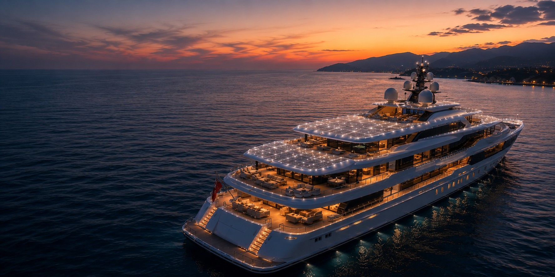 Superyacht at dusk with integrated onboard technology
